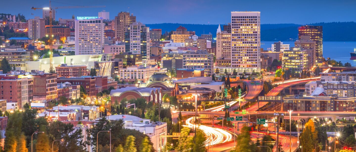 Tacoma, Washington, USA skyline at night.